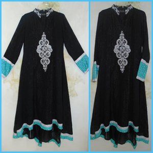 Ashraf Saleem Caftan Dress Long Black Kaftan Silver Embroidery Beads Sz S Hi Low